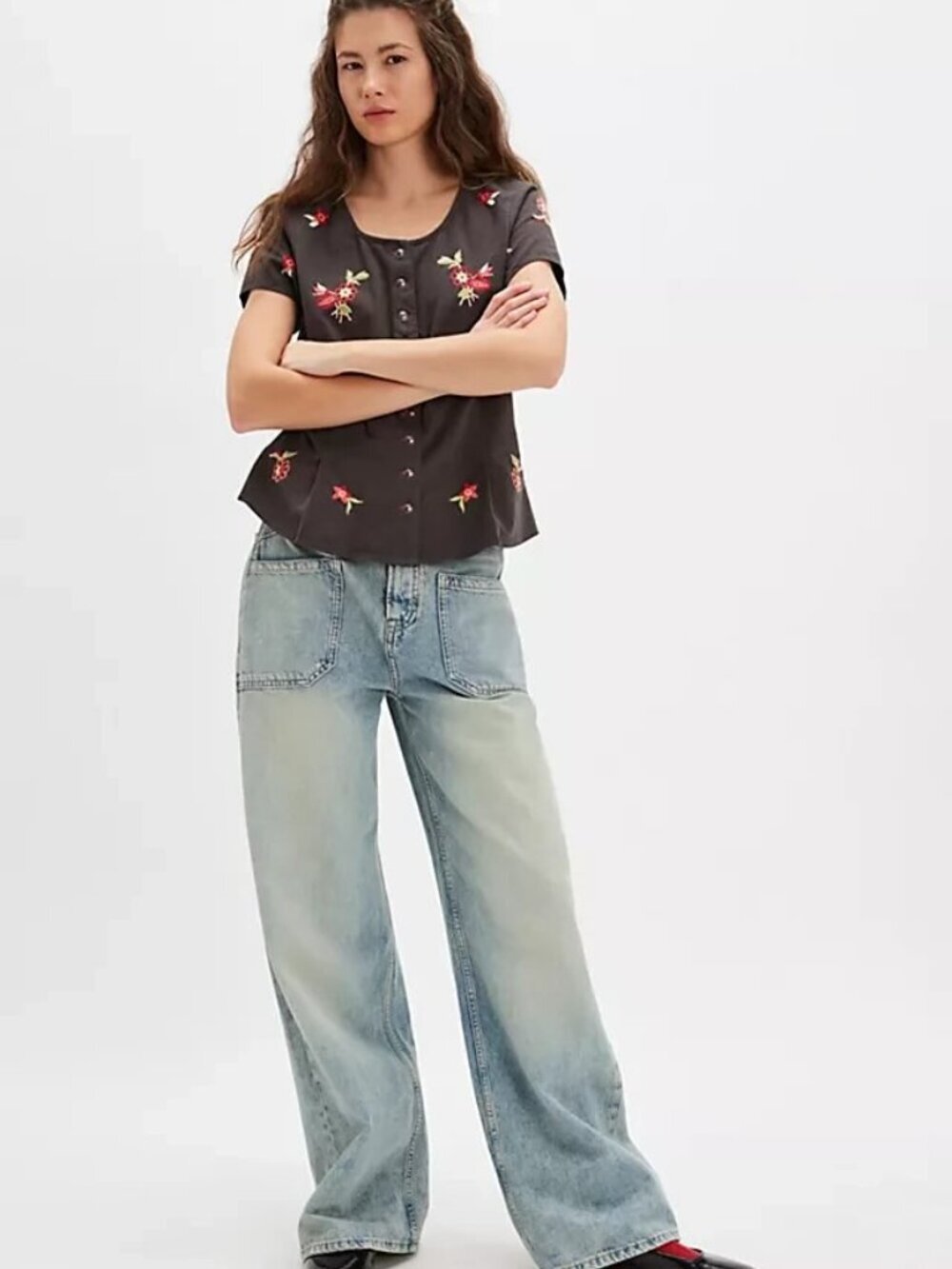 NWT Free People Kelly Embroidered Blouse in Washed Black Combo